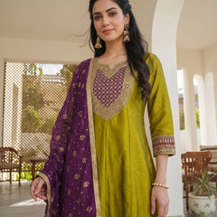 Women's Embroidered Vichitra Silk Kurta With Pant & Printed Dupatta Set