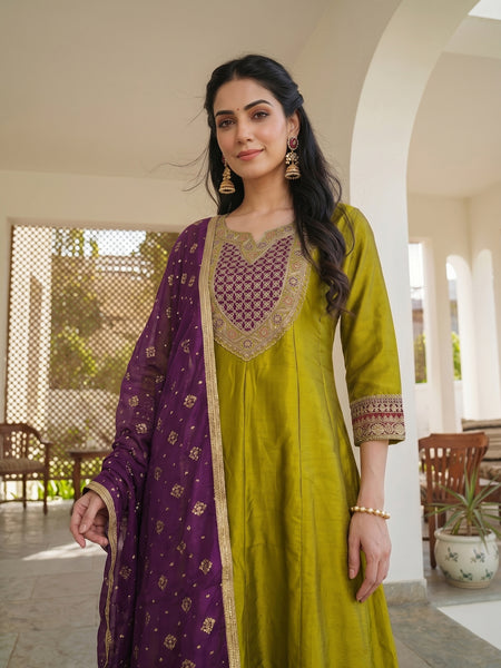 Women's Embroidered Vichitra Silk Kurta With Pant & Printed Dupatta Set