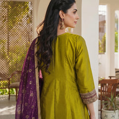 Women's Embroidered Vichitra Silk Kurta With Pant & Printed Dupatta Set