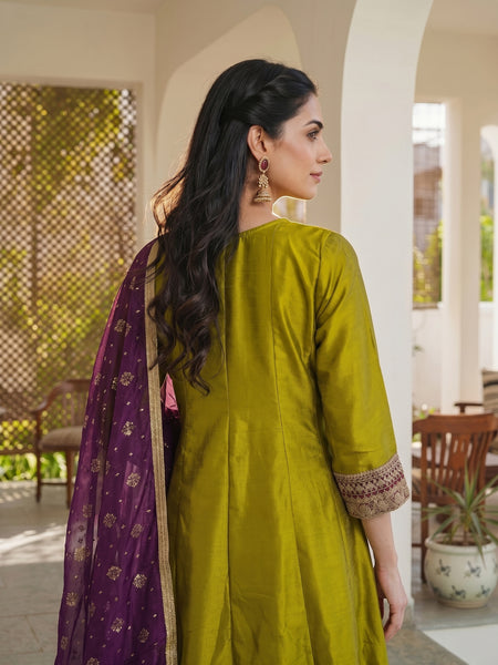 Women's Embroidered Vichitra Silk Kurta With Pant & Printed Dupatta Set