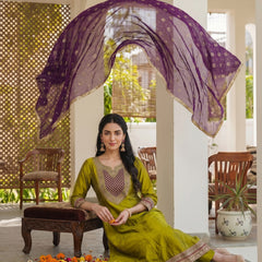 Women's Embroidered Vichitra Silk Kurta With Pant & Printed Dupatta Set