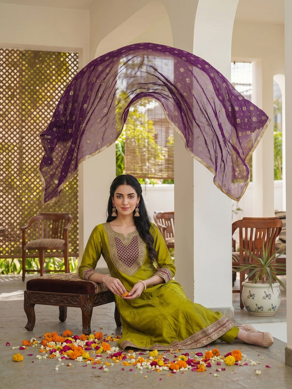 Women's Embroidered Vichitra Silk Kurta With Pant & Printed Dupatta Set