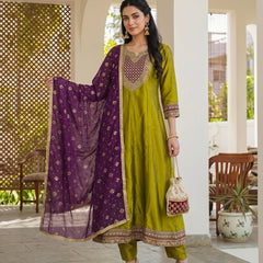 Women's Embroidered Vichitra Silk Kurta With Pant & Printed Dupatta Set
