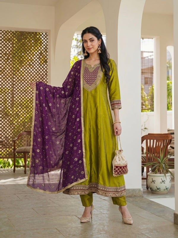 Women's Embroidered Vichitra Silk Kurta With Pant & Printed Dupatta Set