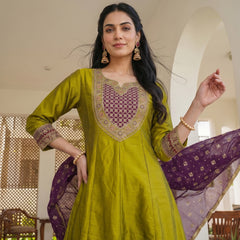 Women's Embroidered Vichitra Silk Kurta With Pant & Printed Dupatta Set