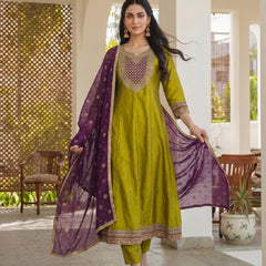 Women's Embroidered Vichitra Silk Kurta With Pant & Printed Dupatta Set