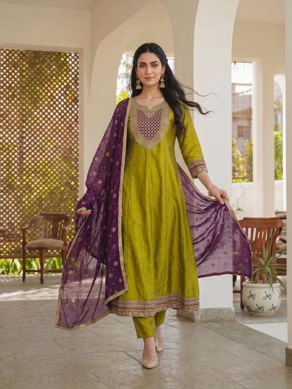 Women's Embroidered Vichitra Silk Kurta With Pant & Printed Dupatta Set