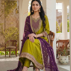 Women's Embroidered Vichitra Silk Kurta With Pant & Printed Dupatta Set