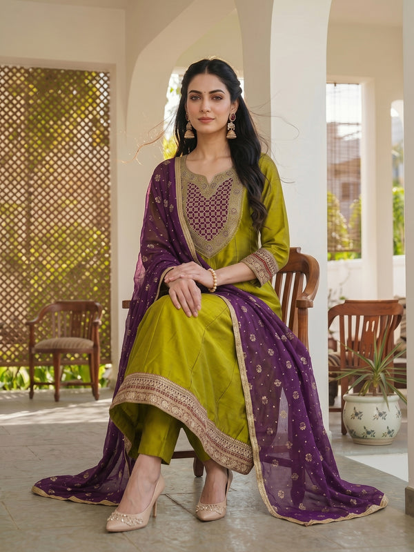 Women's Embroidered Vichitra Silk Kurta With Pant & Printed Dupatta Set