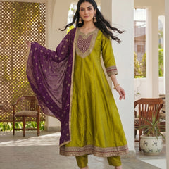 Women's Embroidered Vichitra Silk Kurta With Pant & Printed Dupatta Set
