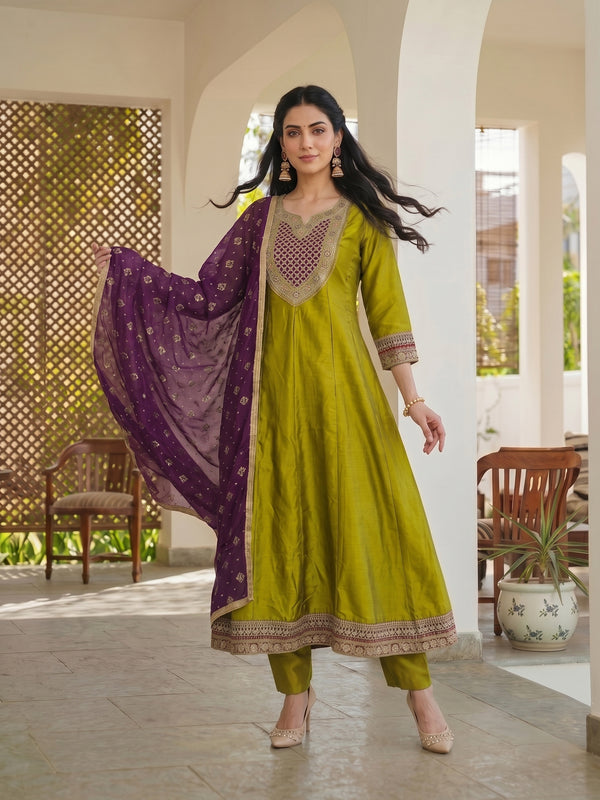 Women's Embroidered Vichitra Silk Kurta With Pant & Printed Dupatta Set