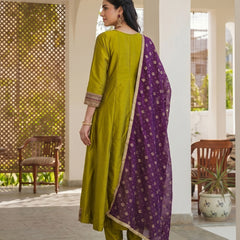 Women's Embroidered Vichitra Silk Kurta With Pant & Printed Dupatta Set