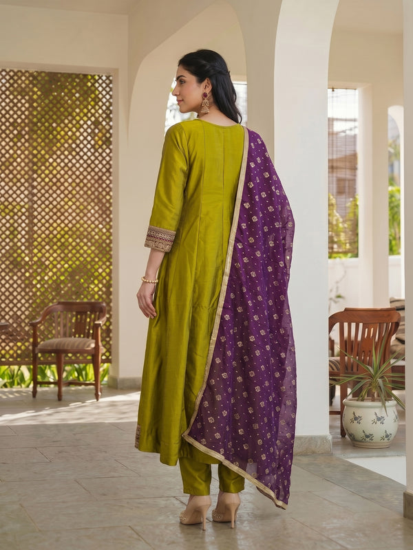 Women's Embroidered Vichitra Silk Kurta With Pant & Printed Dupatta Set