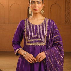 Women's viscose Silk Embroidered Flared Kurta with Pant and Dupatta
