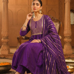 Women's viscose Silk Embroidered Flared Kurta with Pant and Dupatta