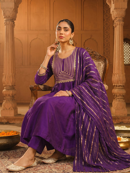 Women's viscose Silk Embroidered Flared Kurta with Pant and Dupatta