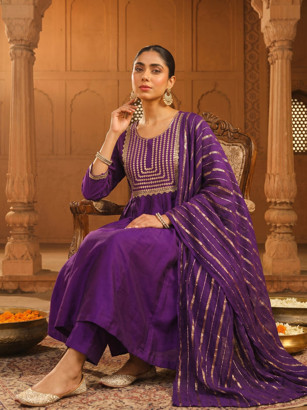 Women's viscose Silk Embroidered Flared Kurta with Pant and Dupatta