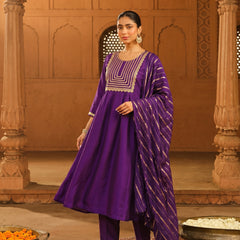Women's viscose Silk Embroidered Flared Kurta with Pant and Dupatta