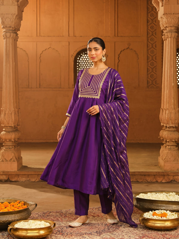 Women's viscose Silk Embroidered Flared Kurta with Pant and Dupatta