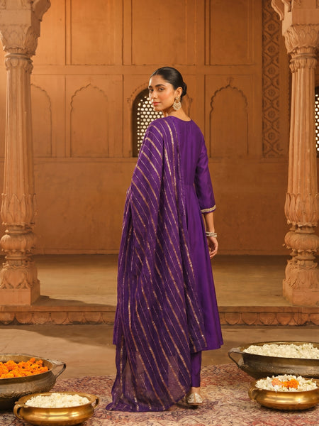 Women's viscose Silk Embroidered Flared Kurta with Pant and Dupatta