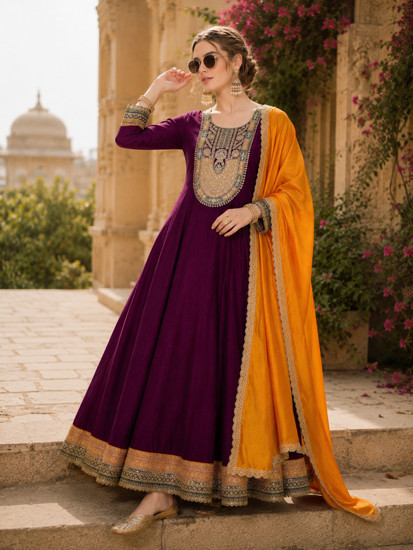 Women's Vichitra Silk with Lining Embroidered Flared Kurta with Pant & Dupatta Set  👗 Product Details 👗