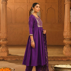 Women's viscose Silk Embroidered Flared Kurta with Pant and Dupatta