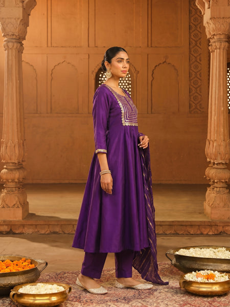 Women's viscose Silk Embroidered Flared Kurta with Pant and Dupatta