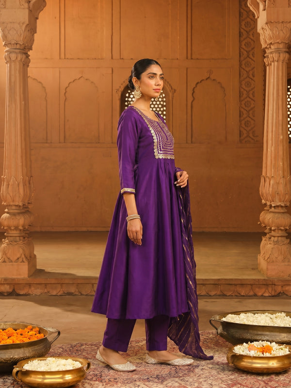 Women's viscose Silk Embroidered Flared Kurta with Pant and Dupatta