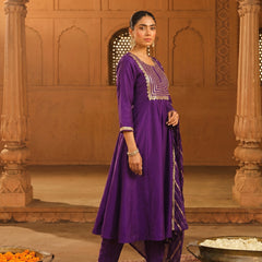 Women's viscose Silk Embroidered Flared Kurta with Pant and Dupatta