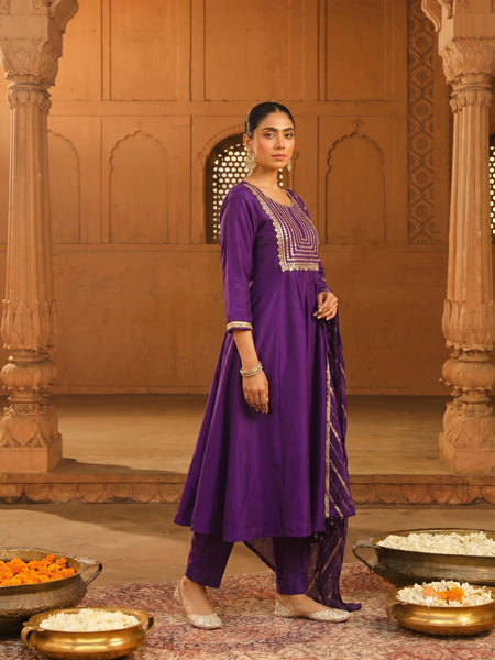 Women's viscose Silk Embroidered Flared Kurta with Pant and Dupatta