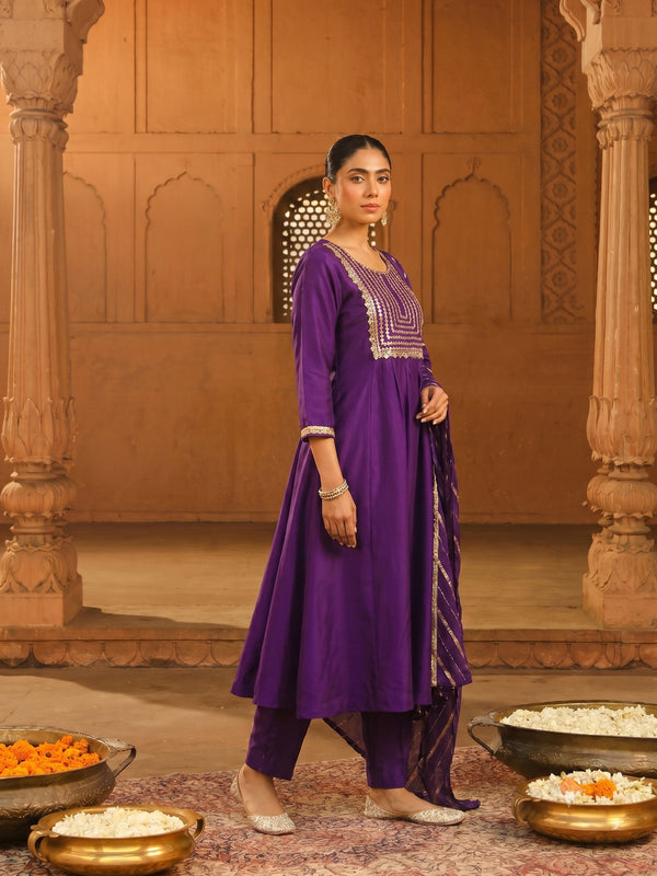 Women's viscose Silk Embroidered Flared Kurta with Pant and Dupatta