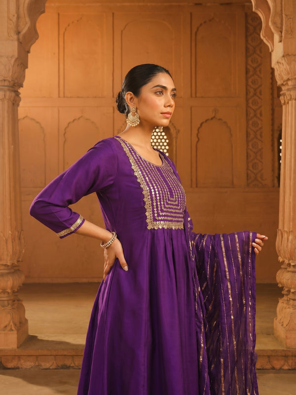 Women's viscose Silk Embroidered Flared Kurta with Pant and Dupatta
