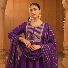 Women's viscose Silk Embroidered Flared Kurta with Pant and Dupatta