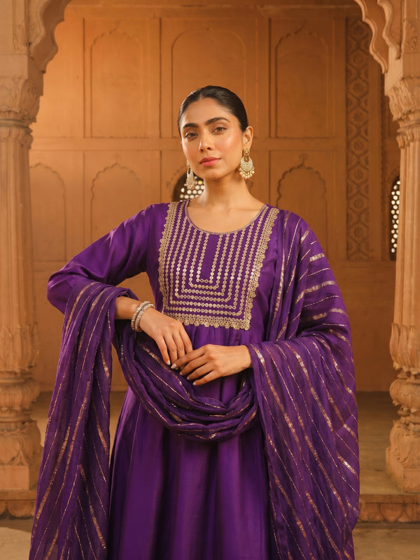 Women's viscose Silk Embroidered Flared Kurta with Pant and Dupatta