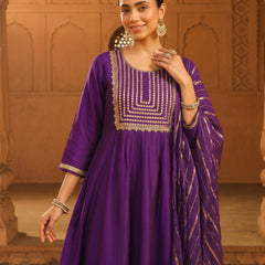 Women's viscose Silk Embroidered Flared Kurta with Pant and Dupatta
