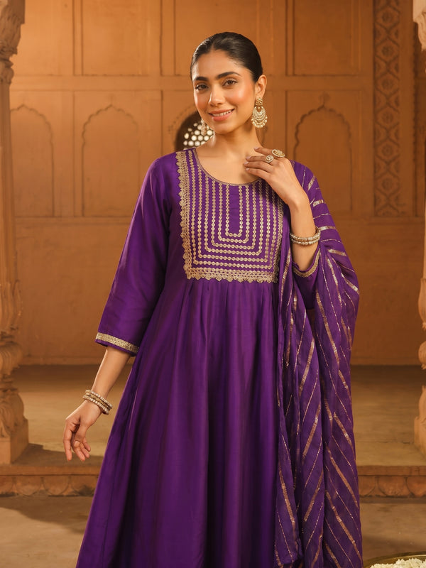 Women's viscose Silk Embroidered Flared Kurta with Pant and Dupatta