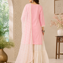 Women's Embroidered Cotton Satin Kurta with Georgette Silk Sharara & Printed Dupatta Set