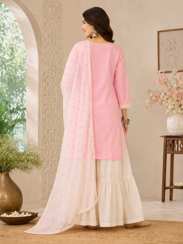 Women's Embroidered Cotton Satin Kurta with Georgette Silk Sharara & Printed Dupatta Set