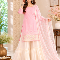 Women's Embroidered Cotton Satin Kurta with Georgette Silk Sharara & Printed Dupatta Set