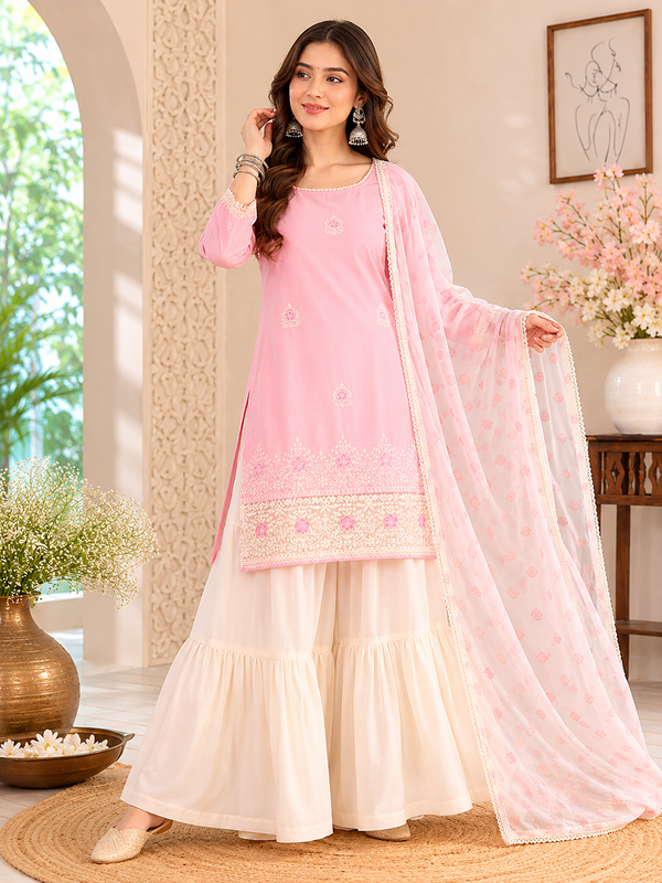Women's Embroidered Cotton Satin Kurta with Georgette Silk Sharara & Printed Dupatta Set