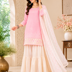 Women's Embroidered Cotton Satin Kurta with Georgette Silk Sharara & Printed Dupatta Set