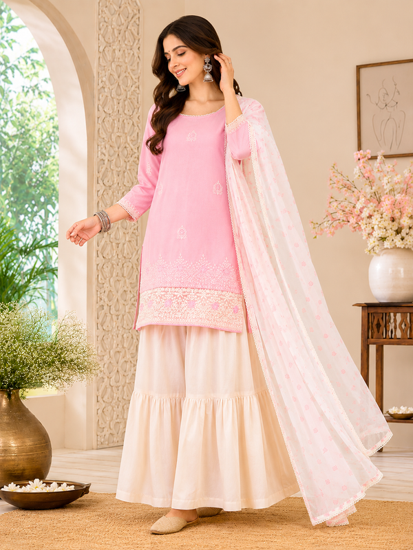 Women's Embroidered Cotton Satin Kurta with Georgette Silk Sharara & Printed Dupatta Set