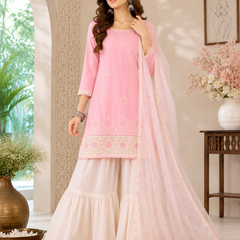 Women's Embroidered Cotton Satin Kurta with Georgette Silk Sharara & Printed Dupatta Set