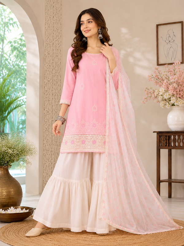 Women's Embroidered Cotton Satin Kurta with Georgette Silk Sharara & Printed Dupatta Set