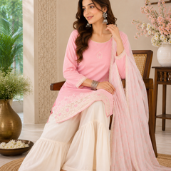 Women's Embroidered Cotton Satin Kurta with Georgette Silk Sharara & Printed Dupatta Set