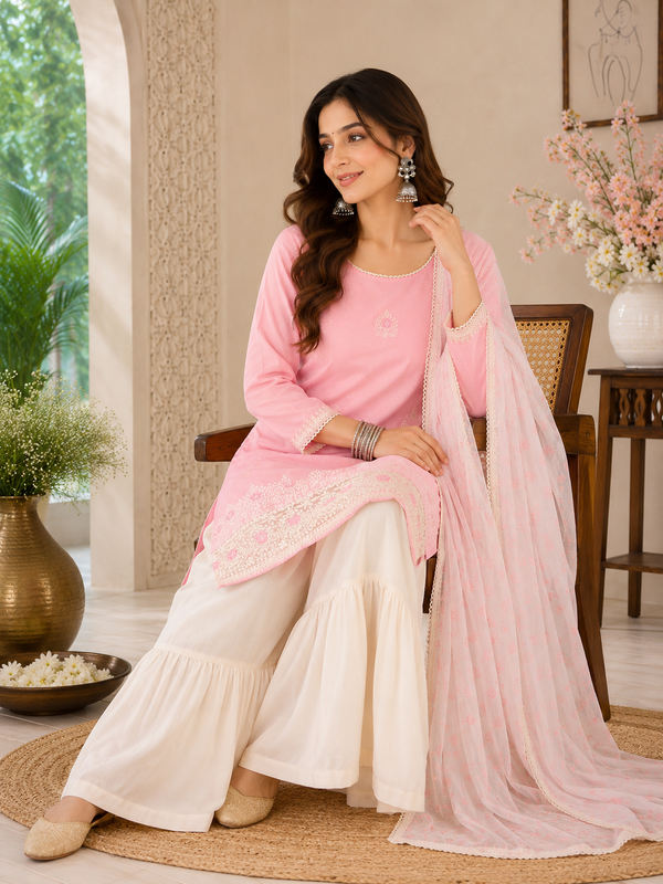 Women's Embroidered Cotton Satin Kurta with Georgette Silk Sharara & Printed Dupatta Set