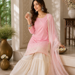 Women's Embroidered Cotton Satin Kurta with Georgette Silk Sharara & Printed Dupatta Set