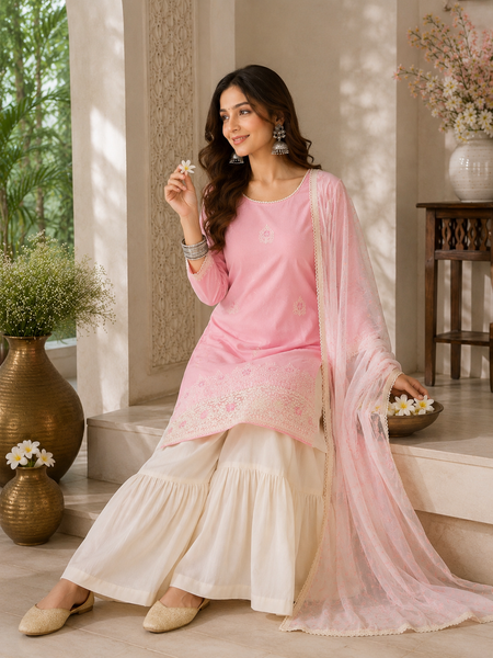 Women's Embroidered Cotton Satin Kurta with Georgette Silk Sharara & Printed Dupatta Set