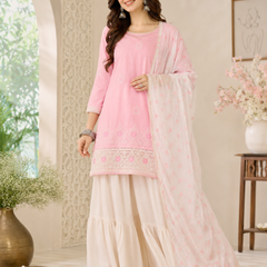 Women's Embroidered Cotton Satin Kurta with Georgette Silk Sharara & Printed Dupatta Set