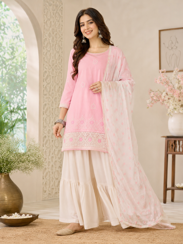 Women's Embroidered Cotton Satin Kurta with Georgette Silk Sharara & Printed Dupatta Set